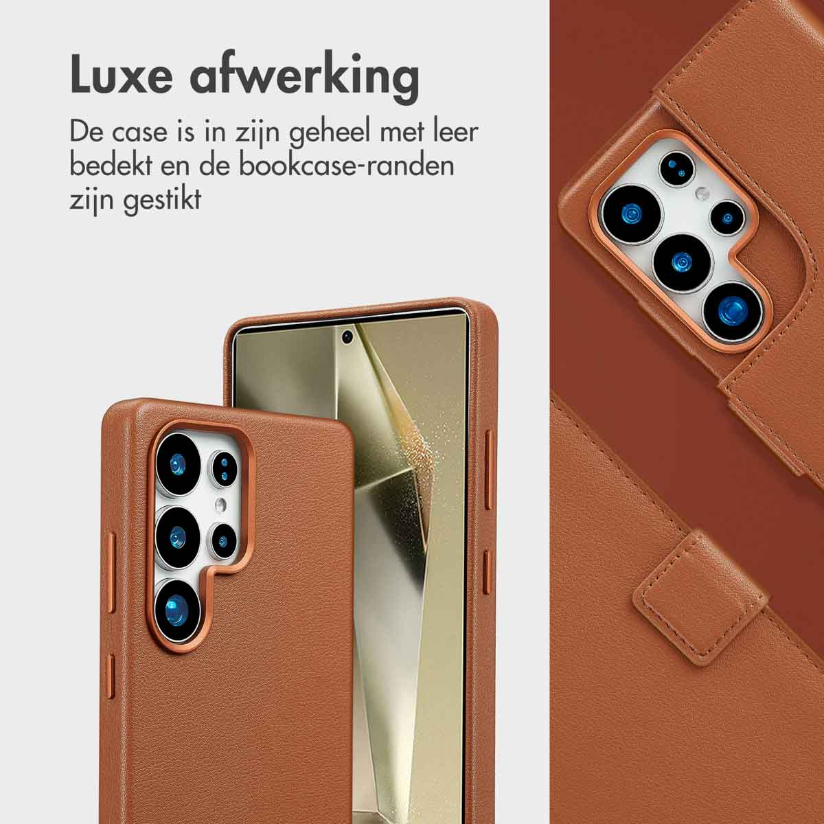 Telefoonhoesje met een telefoon erin; de hoes is bruin en heeft een getextureerde afwerking.