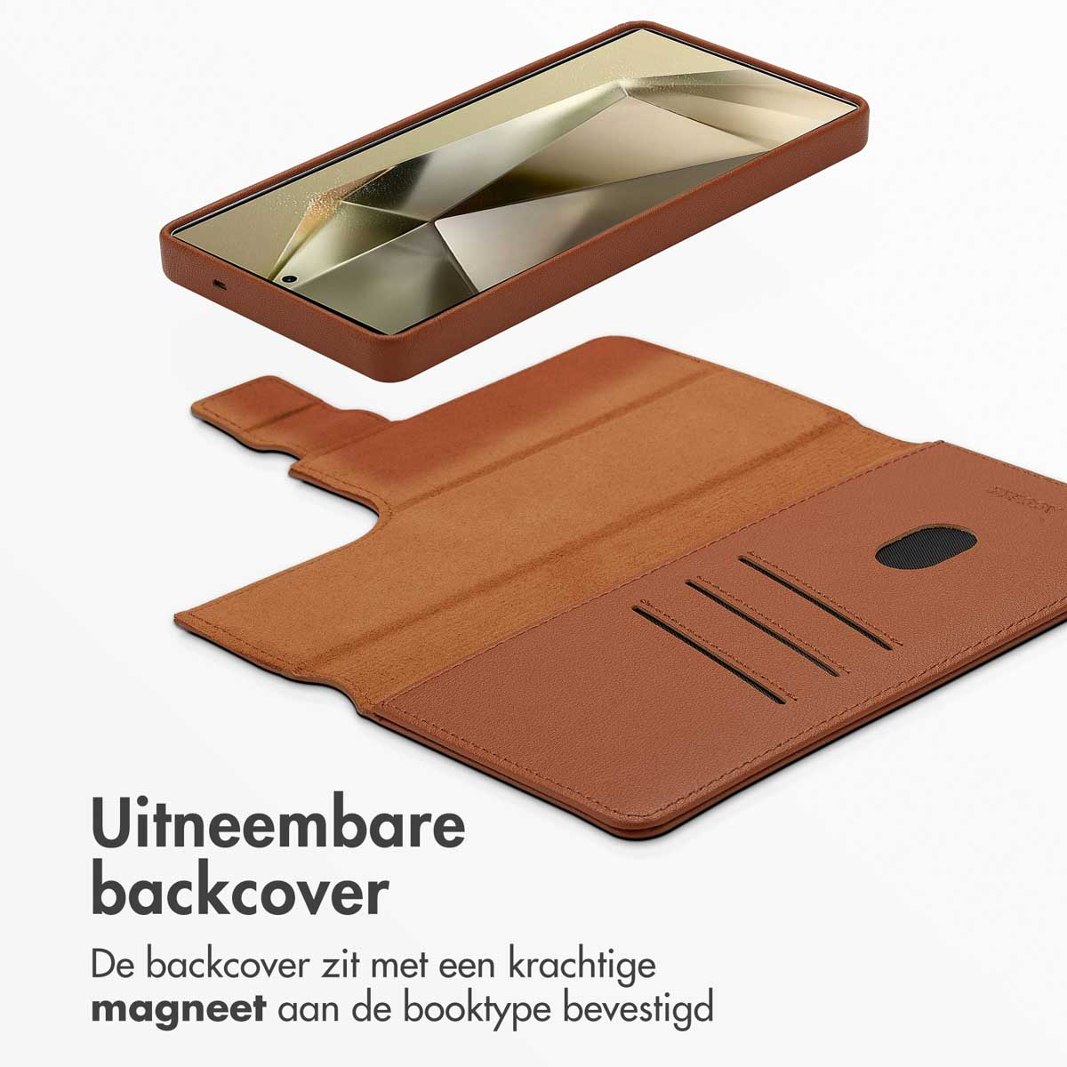 Bruine telefoonhoes met telefoon en de tekst 'Uitneembare backcover'.
