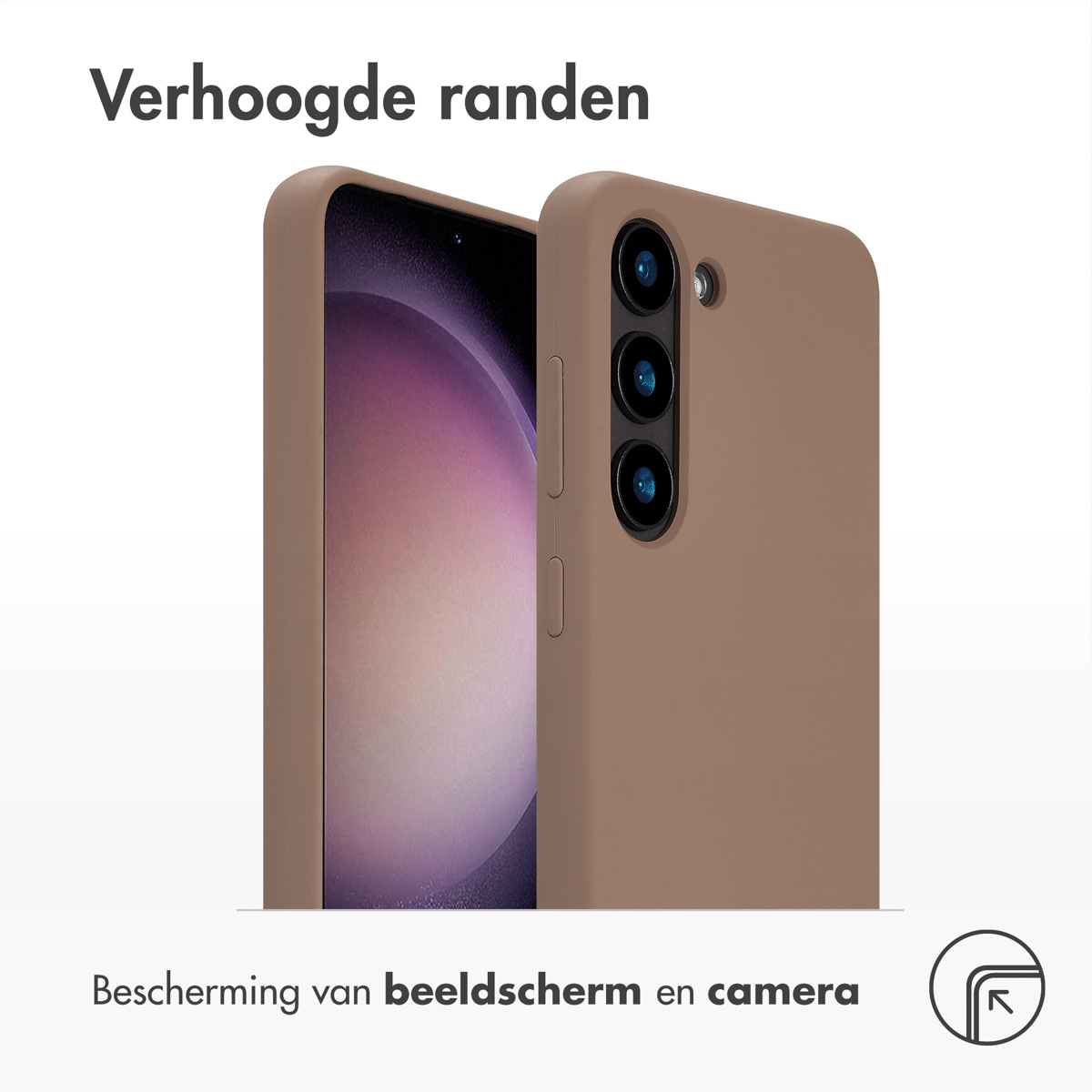 Een telefoonhoesje met een telefoon, die het ontwerp van de hoes laat zien. De tekst zegt dat het het scherm beschermt.