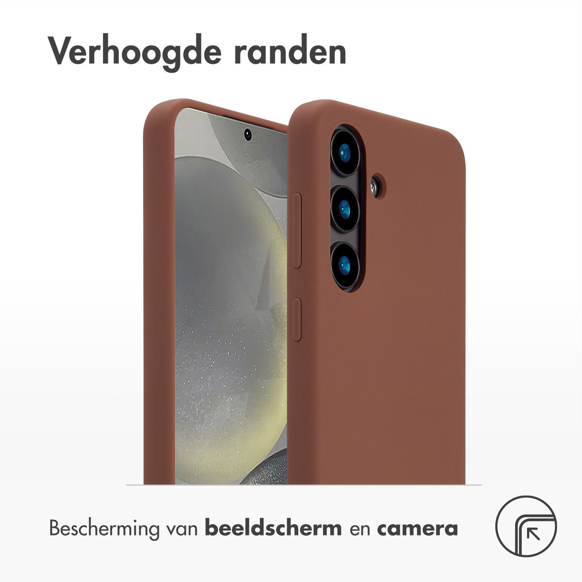 Bruine telefoonhoes met een telefoon erin, met cameralezen en een zijaanzicht.