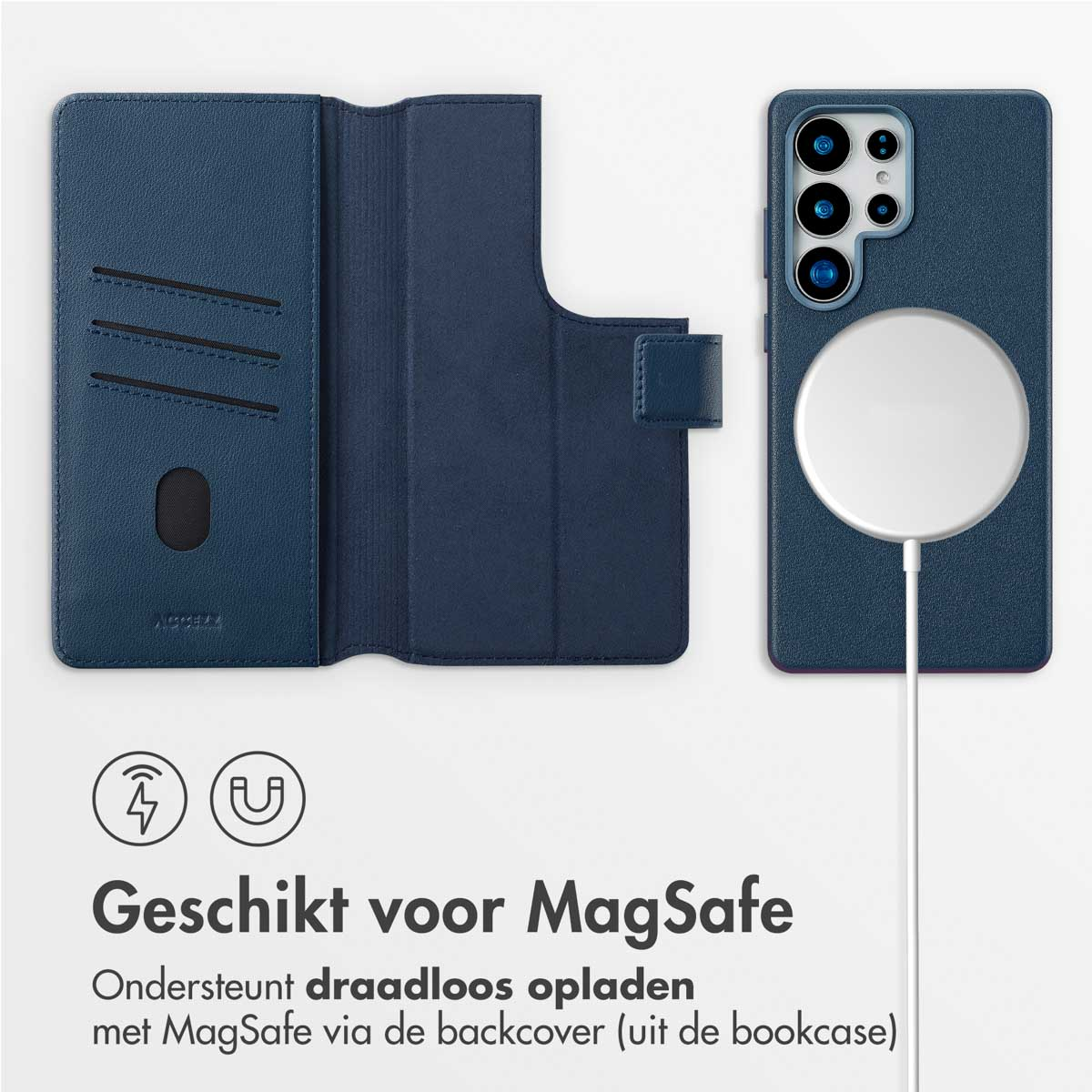 Custodia blu sul telefono e aperta. Il testo dice: "Adatto per MagSafe". Anche un caricabatterie wireless.