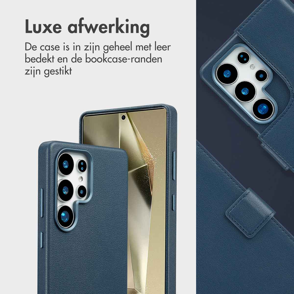 Blauwe telefoonhoes met telefoon en tekst 'Luxe afwerking'.