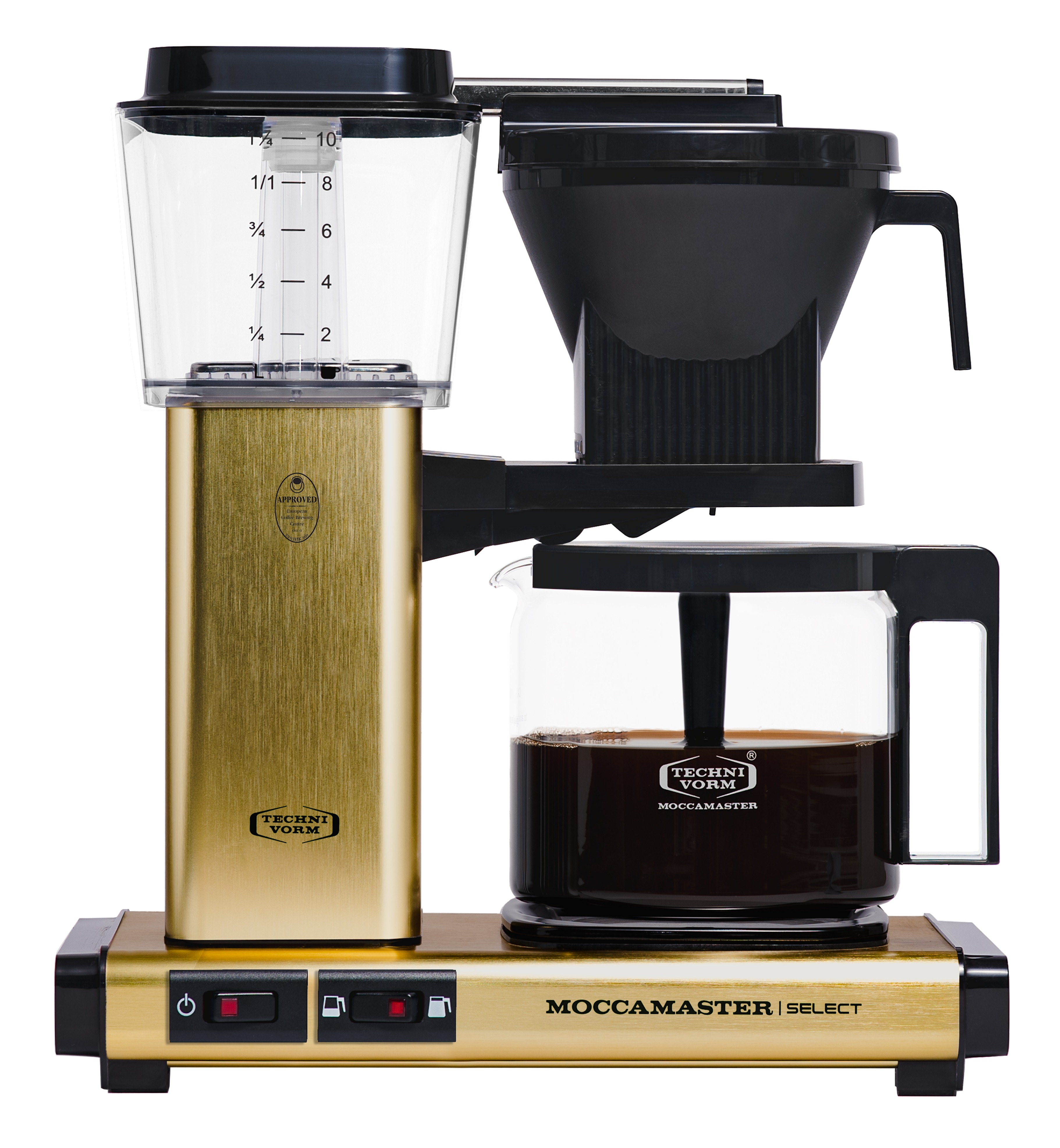Eine goldene Kaffeemaschine mit einer Glaskaraffe, die mit Kaffee gefüllt ist. Es ist ein modernes Design.