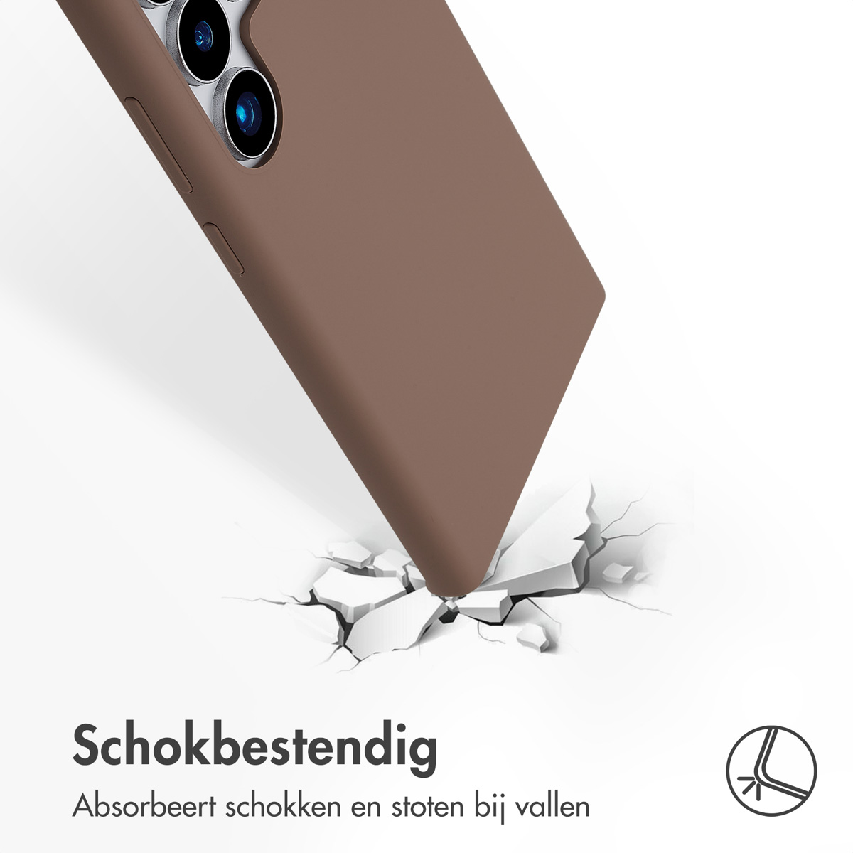 Custodia marrone con telefono e testo 'Schokbestendig'.