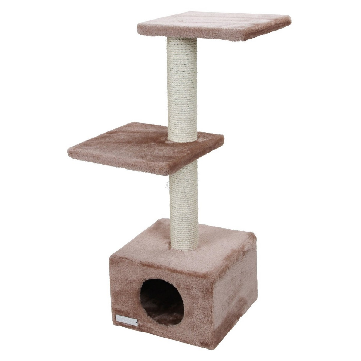 Un albero per gatti con piattaforme e tiragraffi. Colori marrone e beige. Su una superficie bianca.