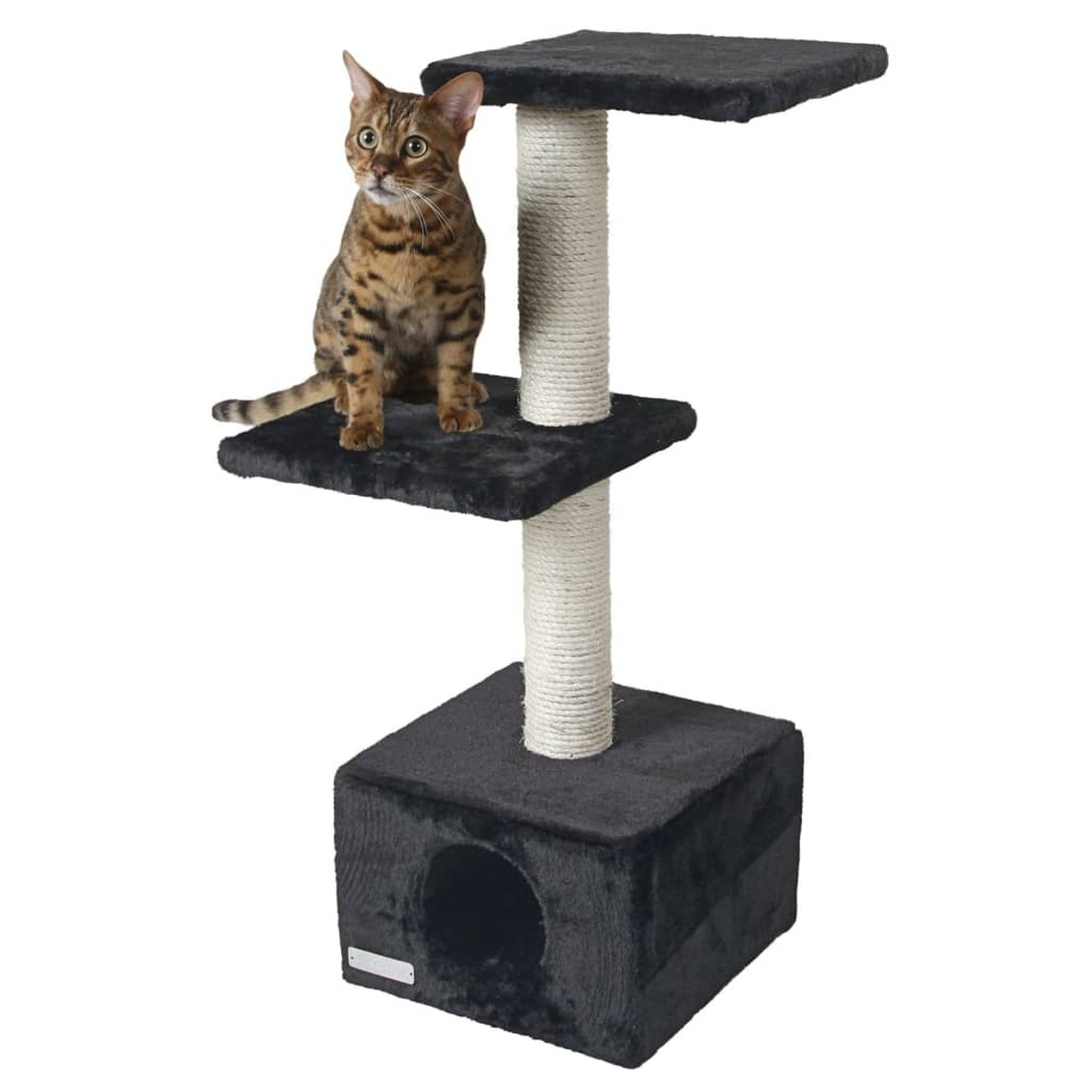 Un gatto marrone su un albero per gatti con piattaforme grigio scuro, una base a cubo e due tiragraffi.