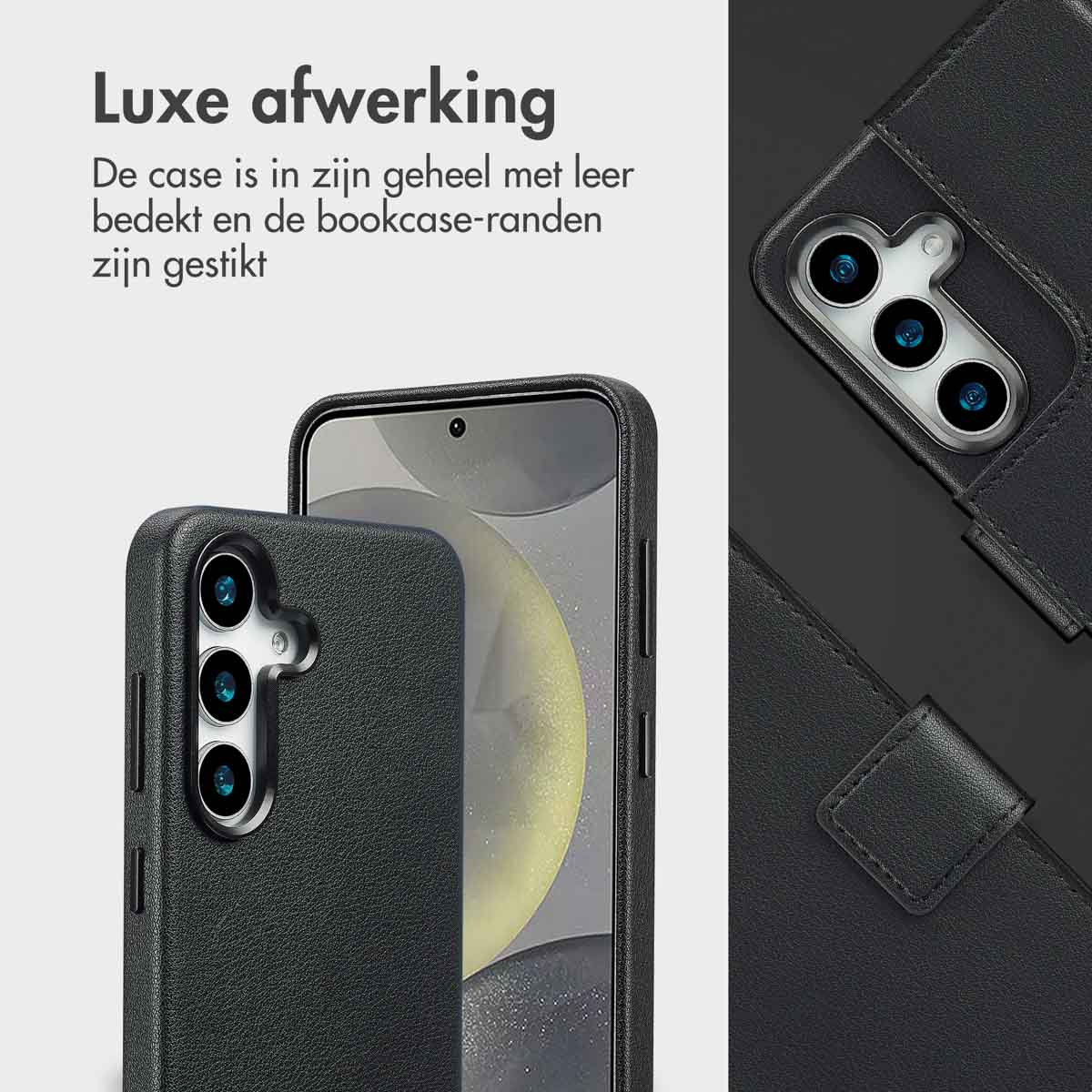 Een close-up van een zwarte leren telefoonhoes met een telefoon erin, met de camera en tekst.