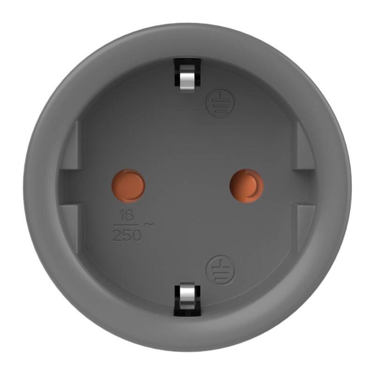 Primo piano di una presa elettrica grigia, con due fori e due pin metallici visibili.