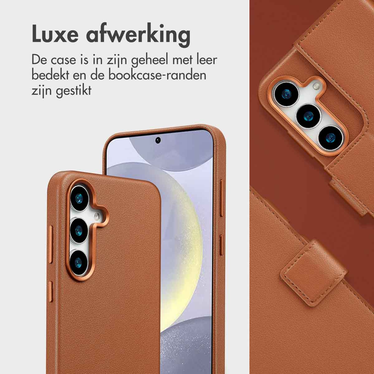 Bruine telefoonhoes en telefoon. De telefoon zit in de hoes, die open is.