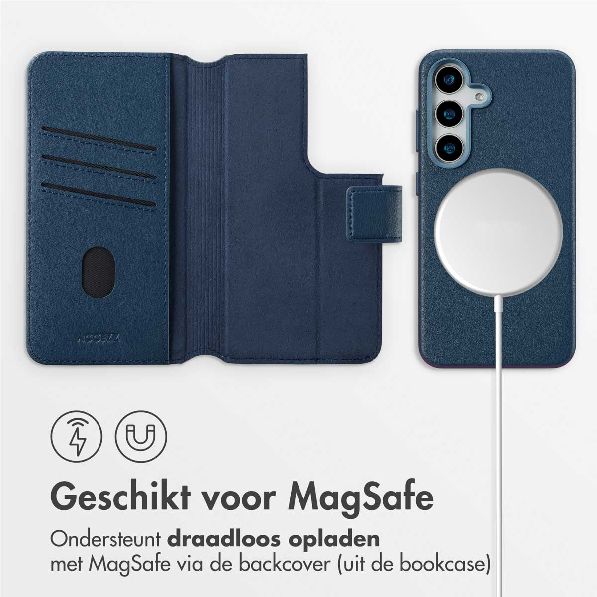 Custodia e telefono blu. Il telefono è dentro la custodia aperta. Cerchio bianco.