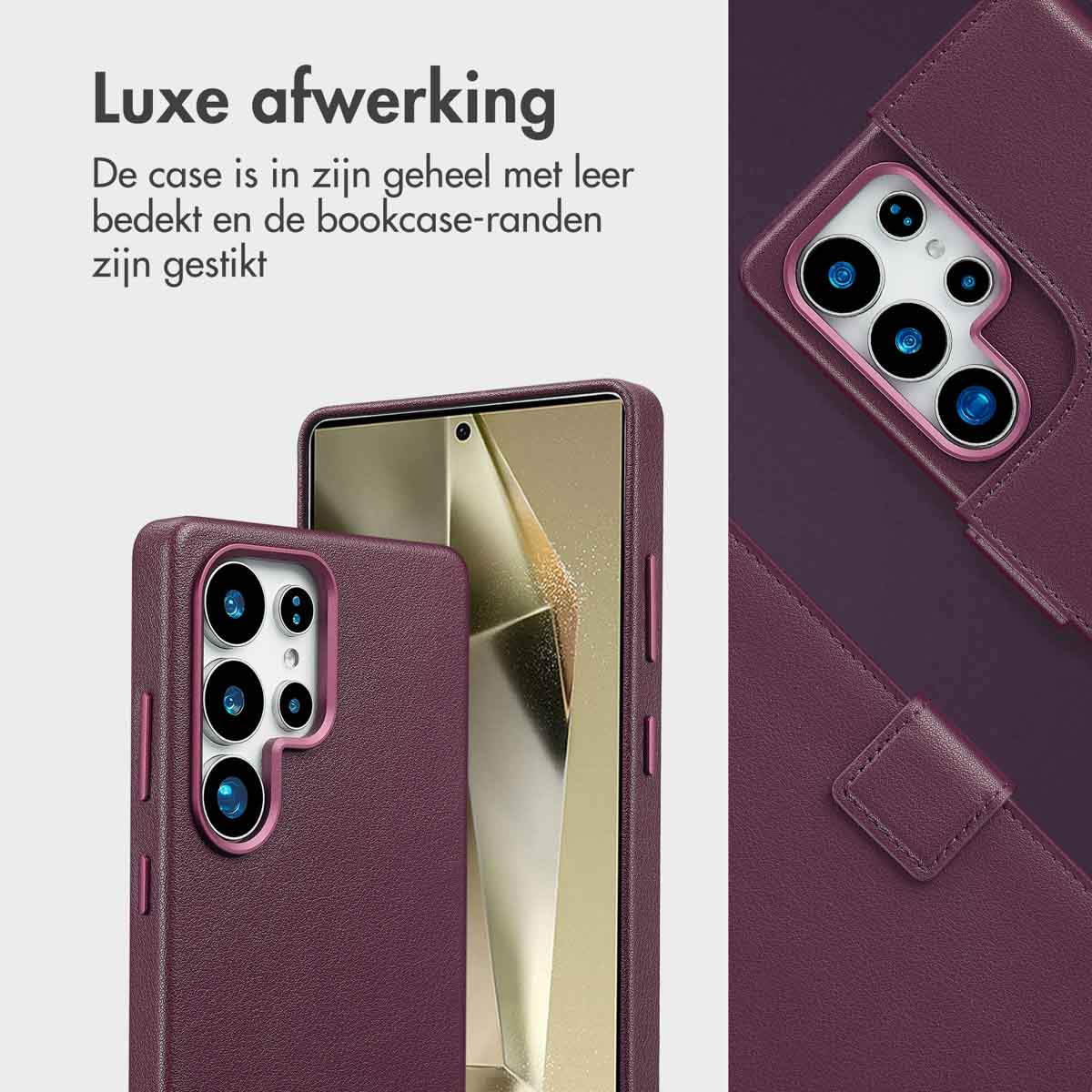 Bordeaux telefoonhoesje met gestikte randen. Telefoon en hoesje zijn zichtbaar.