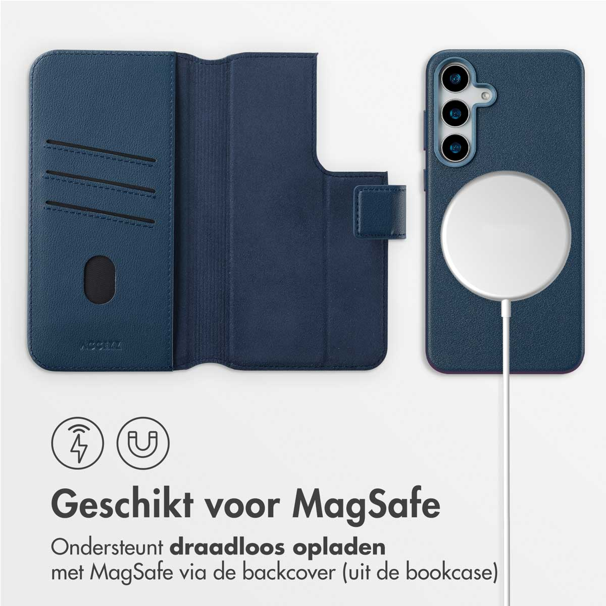 Custodia blu con MagSafe e base di ricarica bianca. Custodia aperta con fessure.