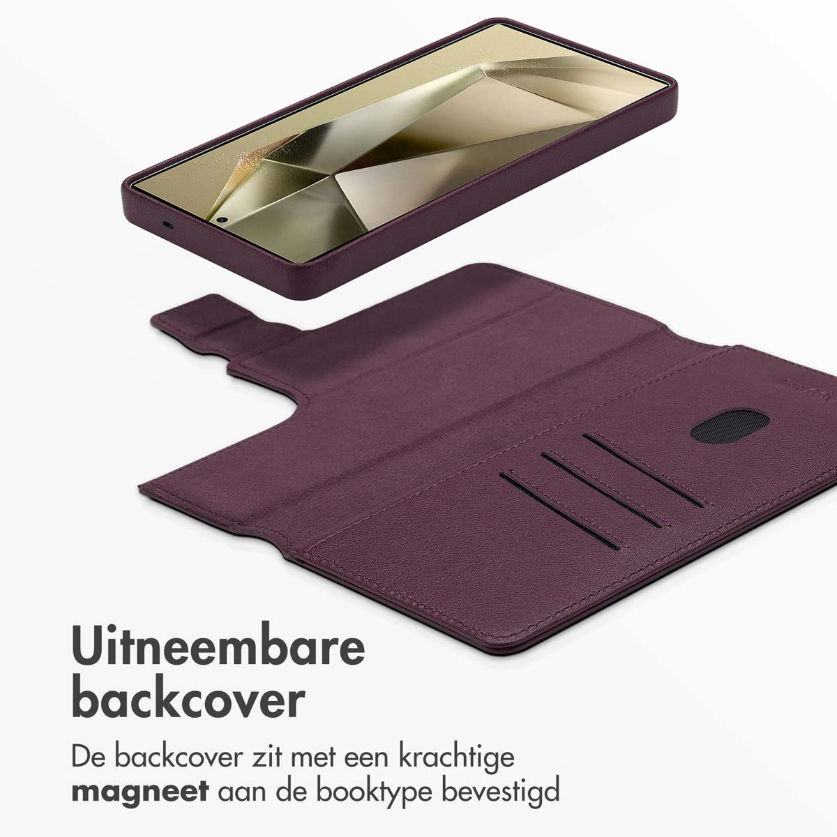 Paarse telefoonhoes met gouden telefoon erin, open om de hoes te tonen.