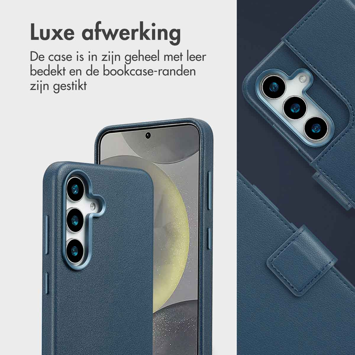 Blauwe telefoonhoes met telefoon erin. Tekst op de hoes zichtbaar. Witte achtergrond.