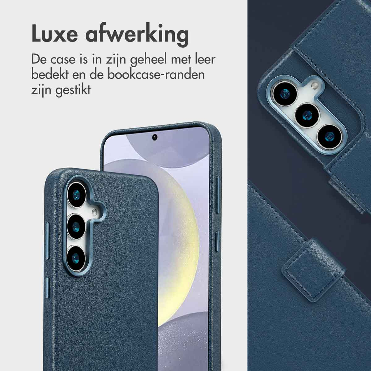 Coque de téléphone bleu foncé avec téléphone à l'intérieur. Gros plan.