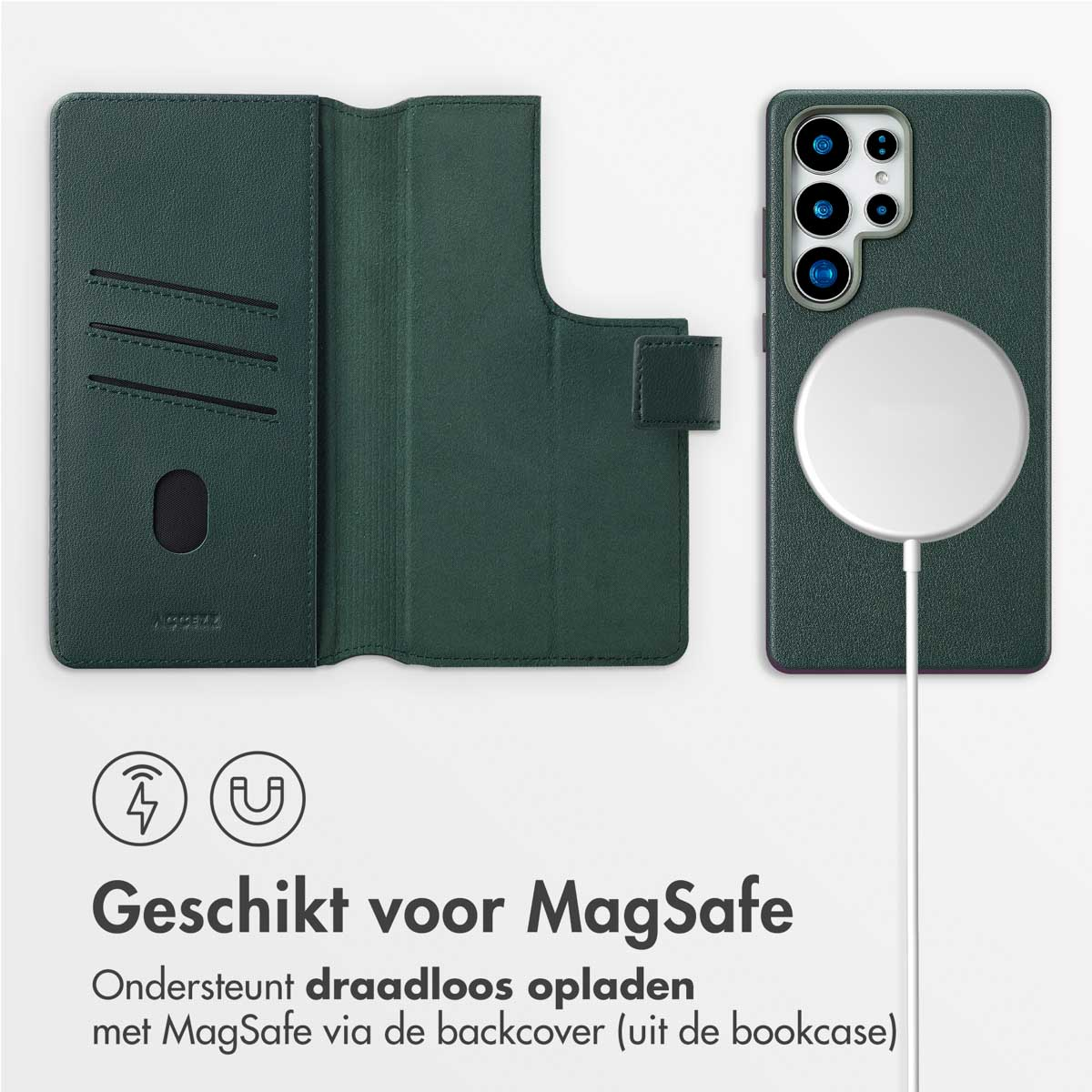 Custodia per telefono verde, aperta, compatibile MagSafe, con base di ricarica e telefono.