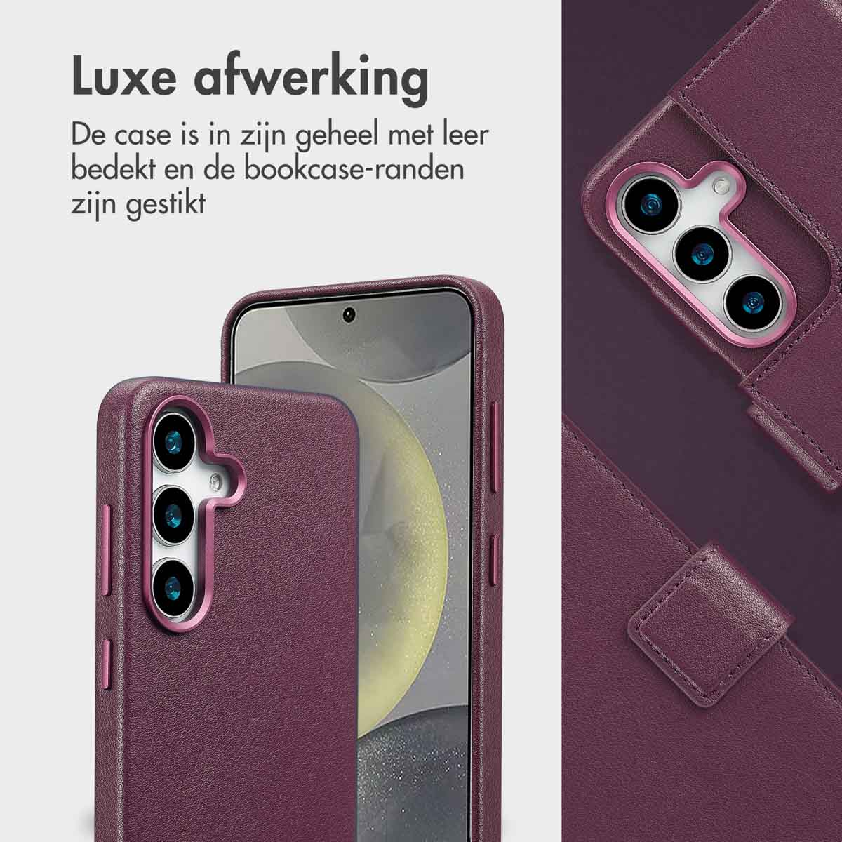 Close-up van een telefoonhoesje met een telefoon erin. Paarse leren hoes met drie cameralenzen.