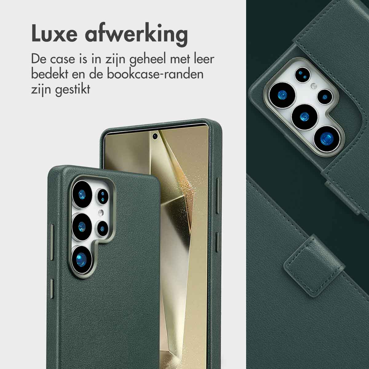 Donkergroene telefoonhoes en bijpassende open portemonnee. Tekst: Luxe afwerking. Zijaanzicht.