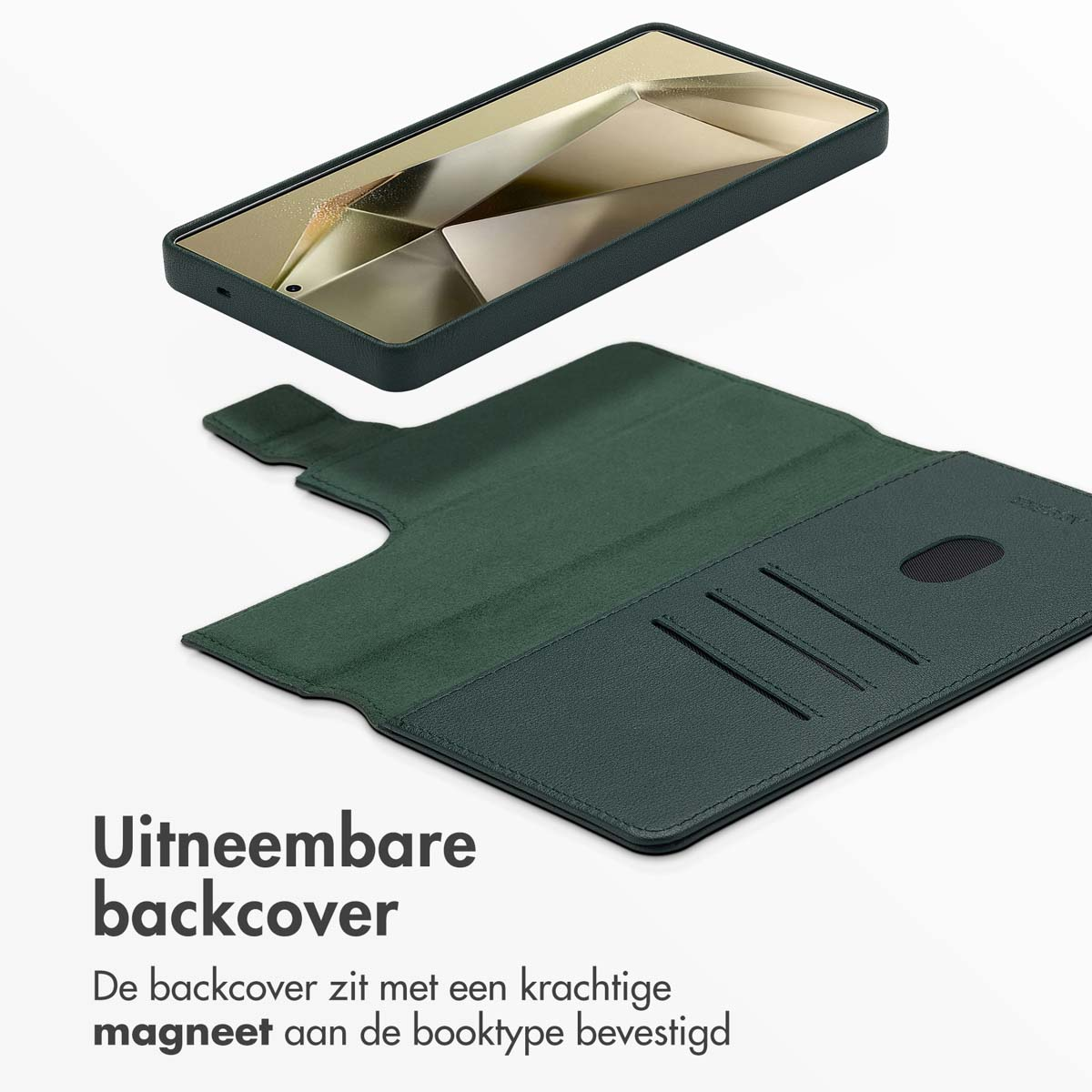 Groene telefoonhoes met een afneembare achterkant. Een zwarte telefoon in de hoes.