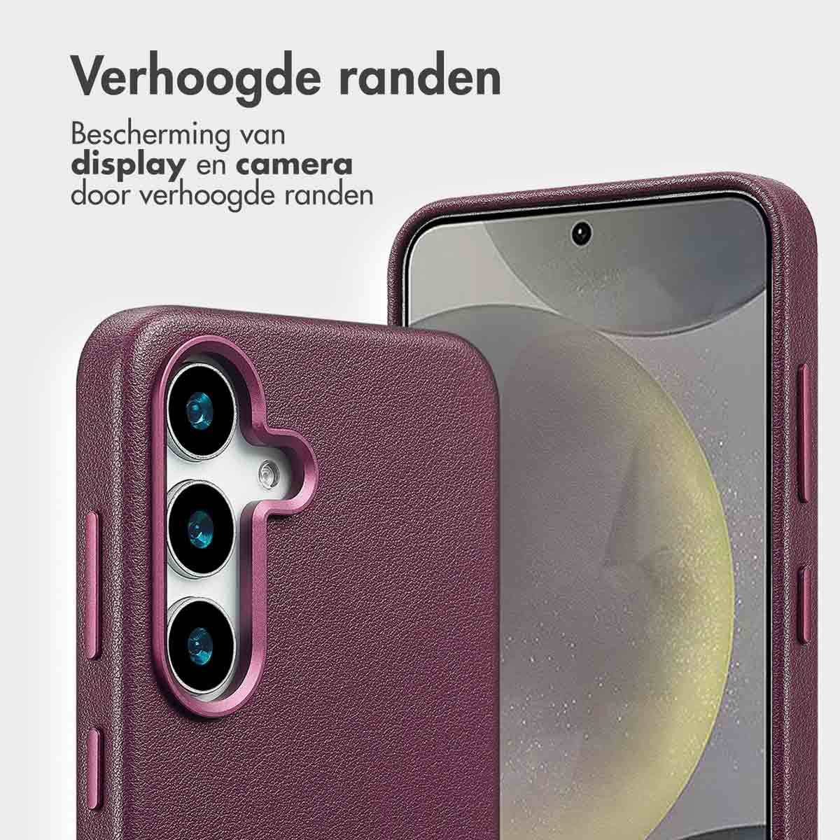 Paarse telefoonhoes met telefoon, tekst over verhoogde randen die scherm en camera beschermen.