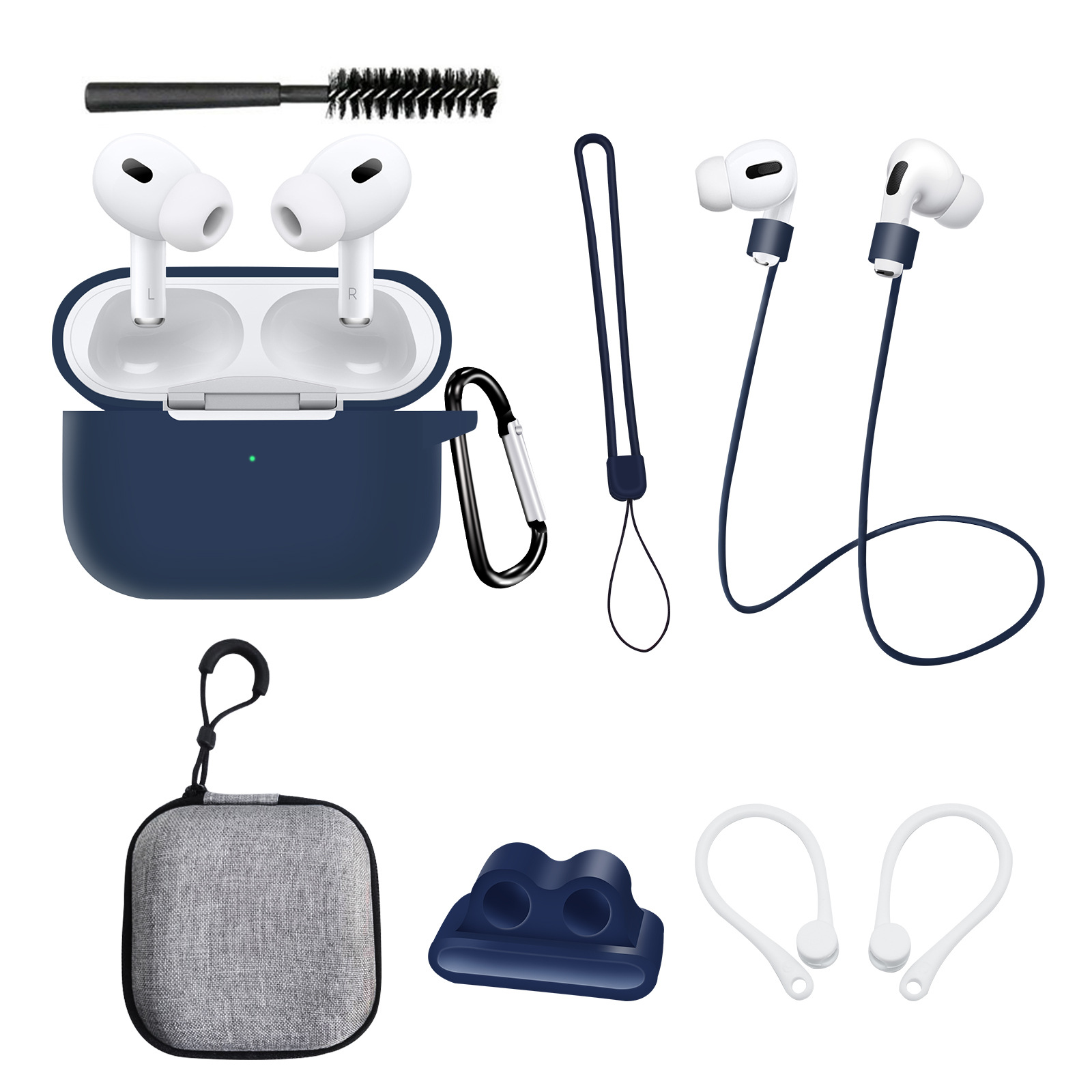 Auriculares y accesorios. Incluye estuche de carga, cepillo de limpieza y almohadillas.