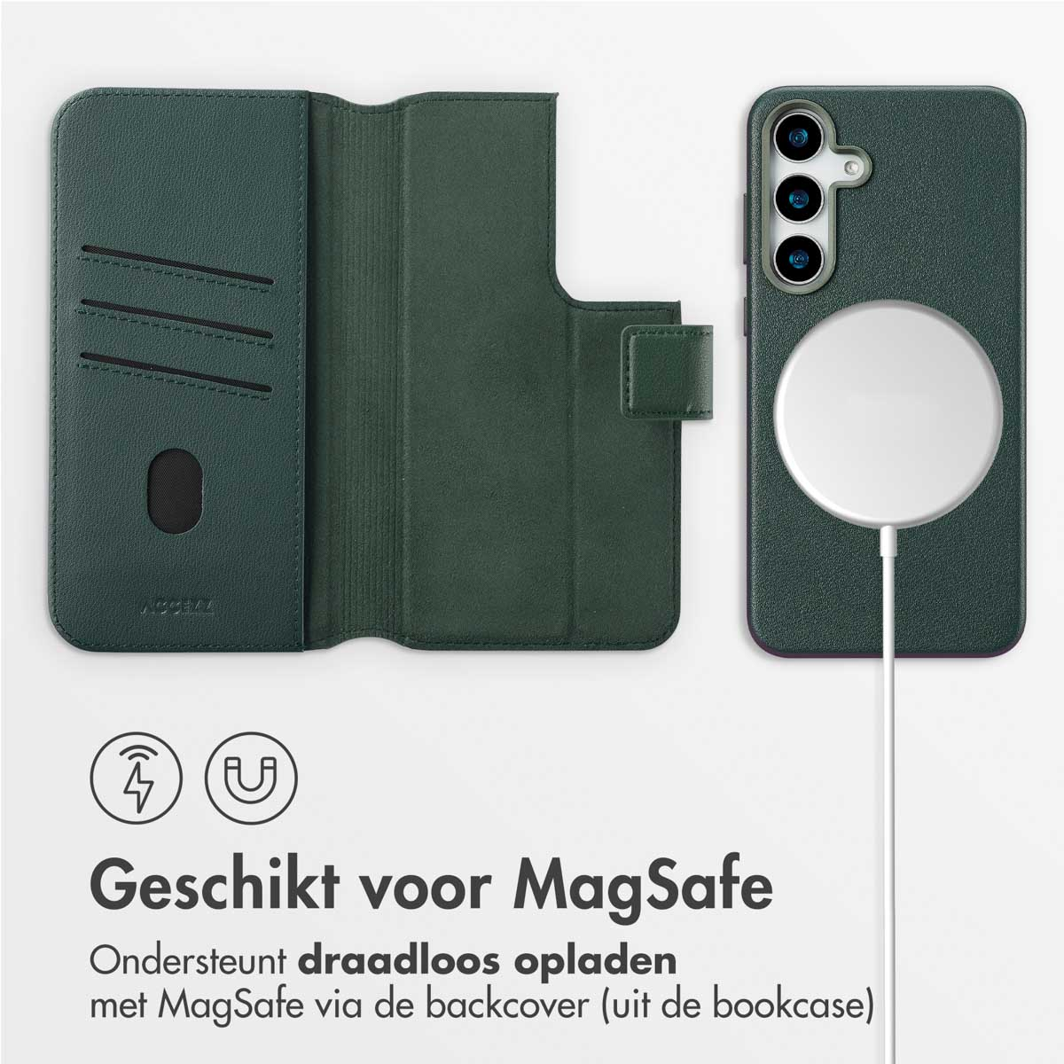 Custodia verde con MagSafe e base di ricarica bianca. Custodia aperta con fessure.