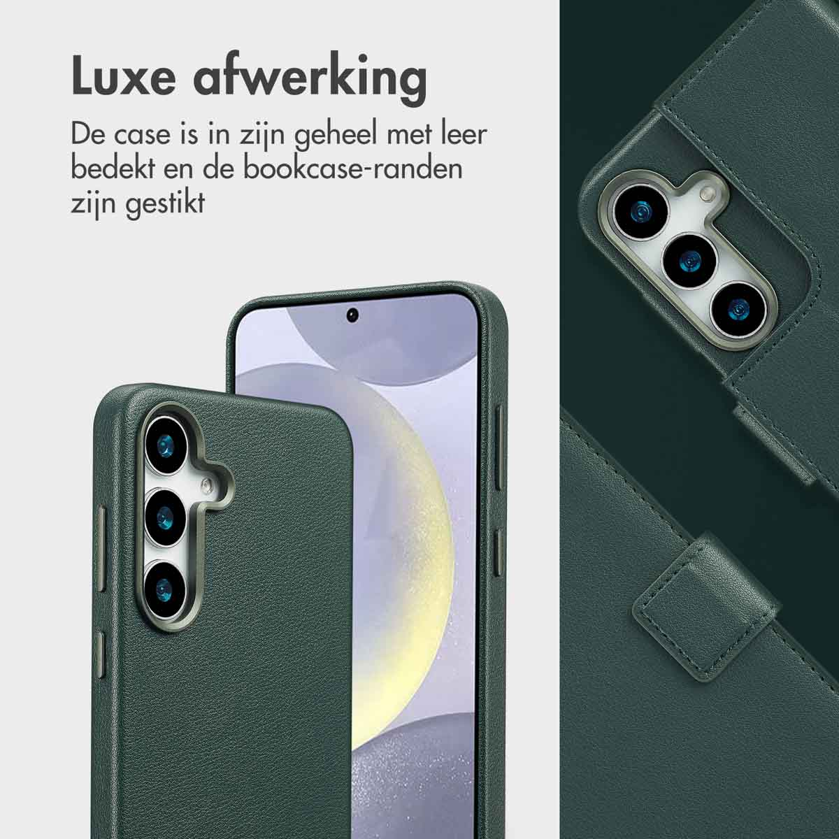 Twee groene telefoonhoesjes, één open, met een telefoon. De open hoes heeft drie lenzen.