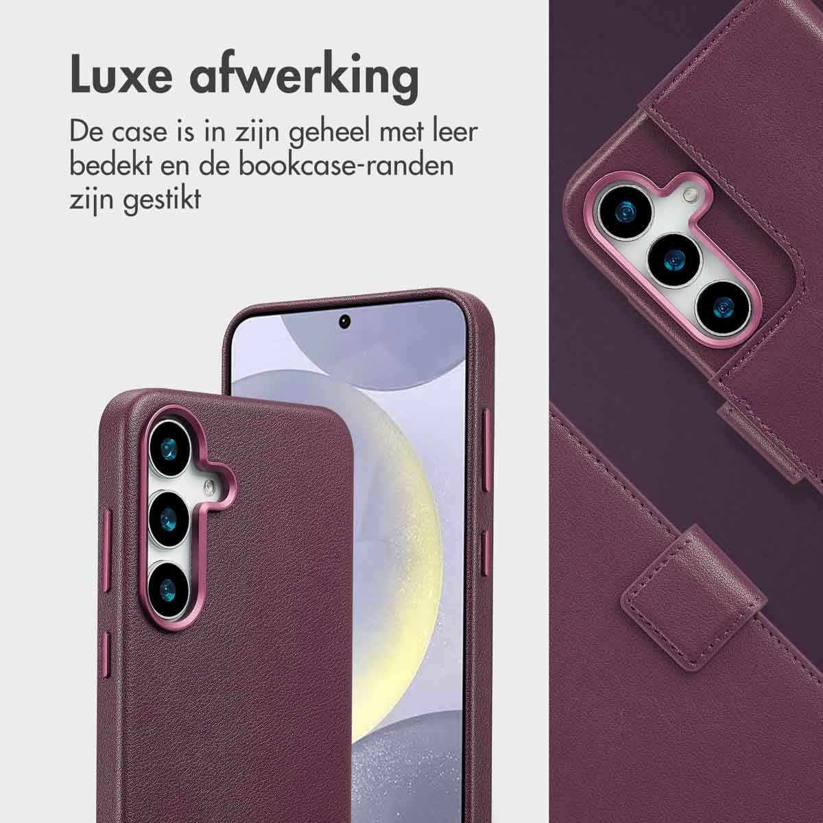 Close-up van een telefoonhoesje met een telefoon erin. Paarse leren hoes met drie cameralenzen.