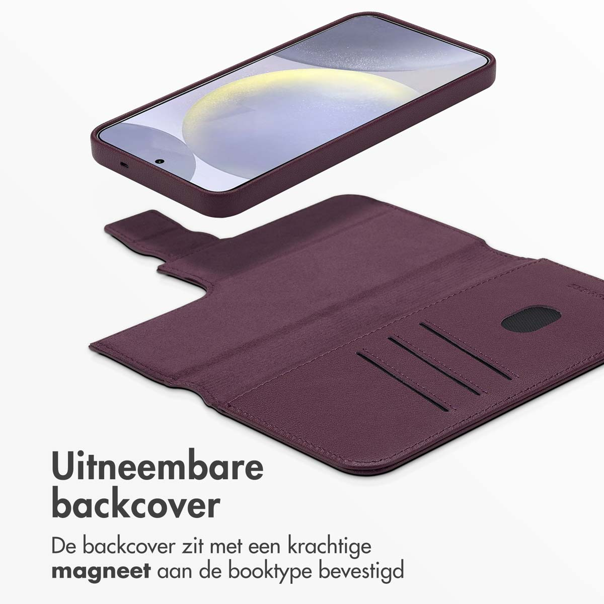 Paarse telefoonhoes met telefoon, telefoon verwijderd, tekst die verwijderbare achterkant beschrijft.