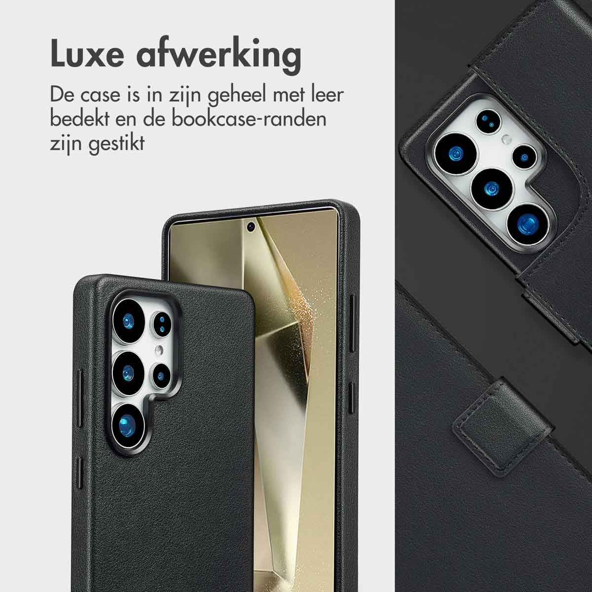 Zwarte telefoonhoesjes. Eentje met telefoon. Leren afwerking en stiksels.