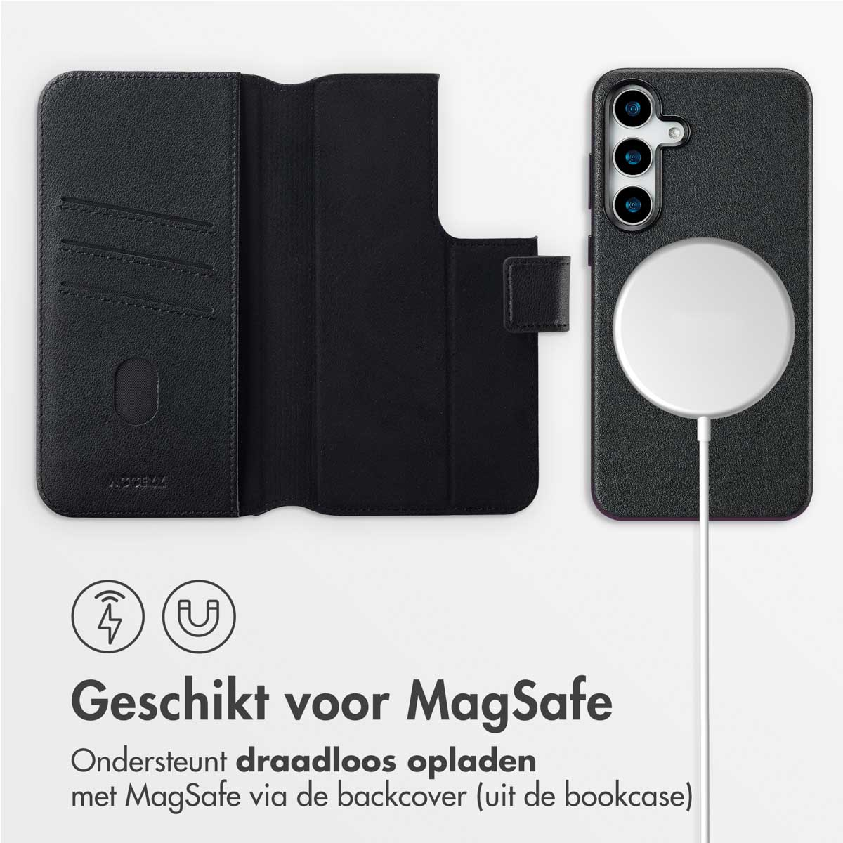 Custodia e telefono neri. Il telefono è dentro la custodia aperta. Un cerchio bianco è visibile.