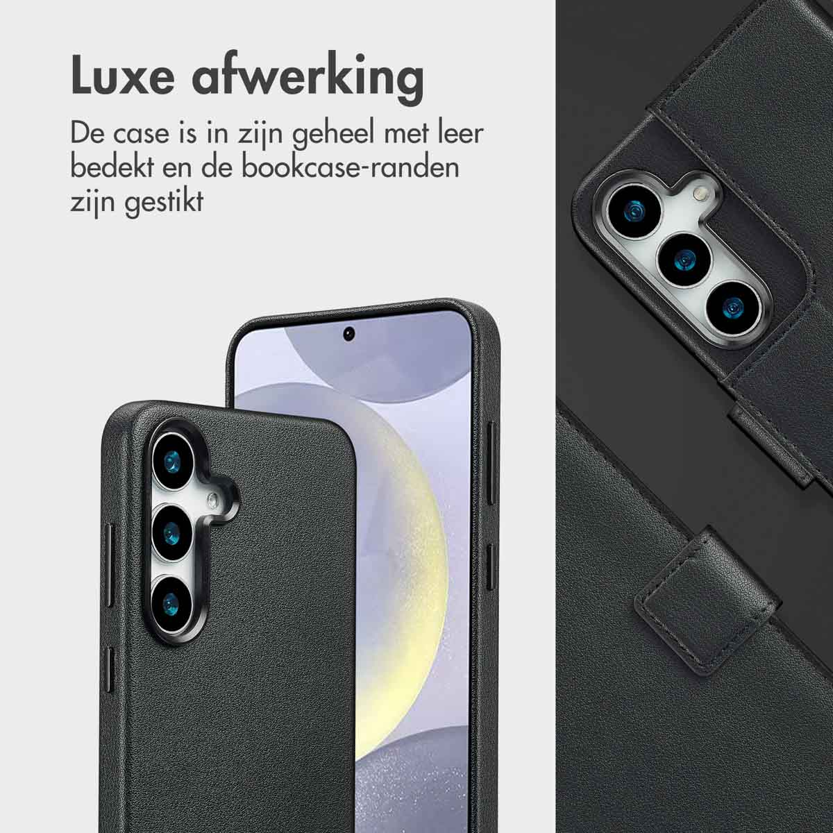 Twee zwarte telefoonhoesjes, één open, met een telefoon. De open hoes heeft drie lenzen.