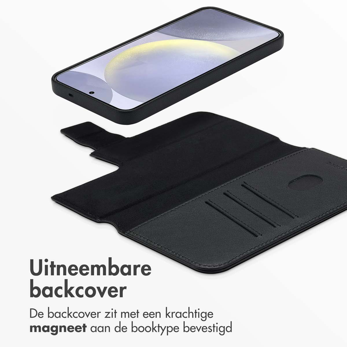 Een zwarte telefoonhoes met een telefoon en een afneembare achterkant, bevestigd met een sterke magneet.
