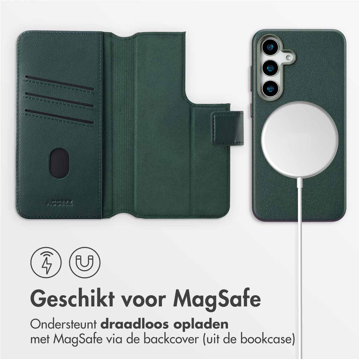 Custodia verde con MagSafe e base di ricarica bianca. Custodia aperta con fessure.