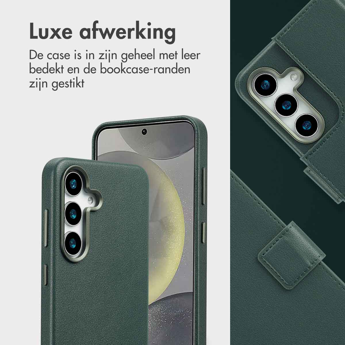 Groene telefoonhoes. Hoes bedekt telefoon met 3 cameralenzen. Nederlandse tekst.
