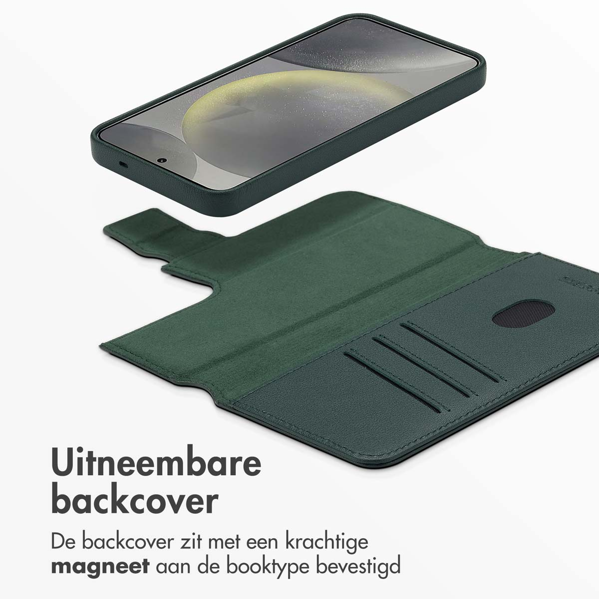 Een groene telefoonhoes met een telefoon erin en een afneembare achterkant, vastgehouden door een sterke magneet.