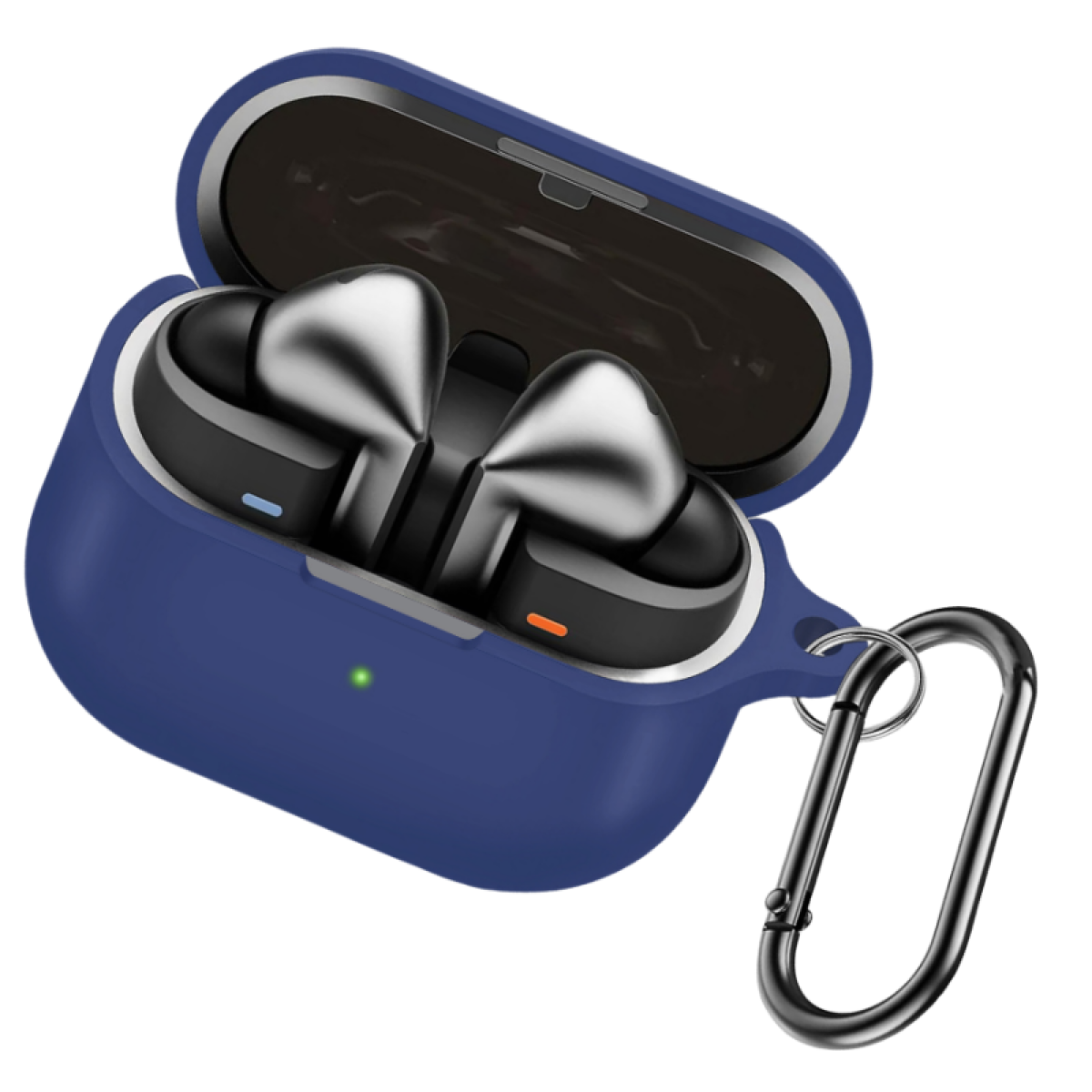 Dunkelblaues Kopfhörer-Etui mit silbernem Karabiner. Die Ohrhörer sind silberfarben.