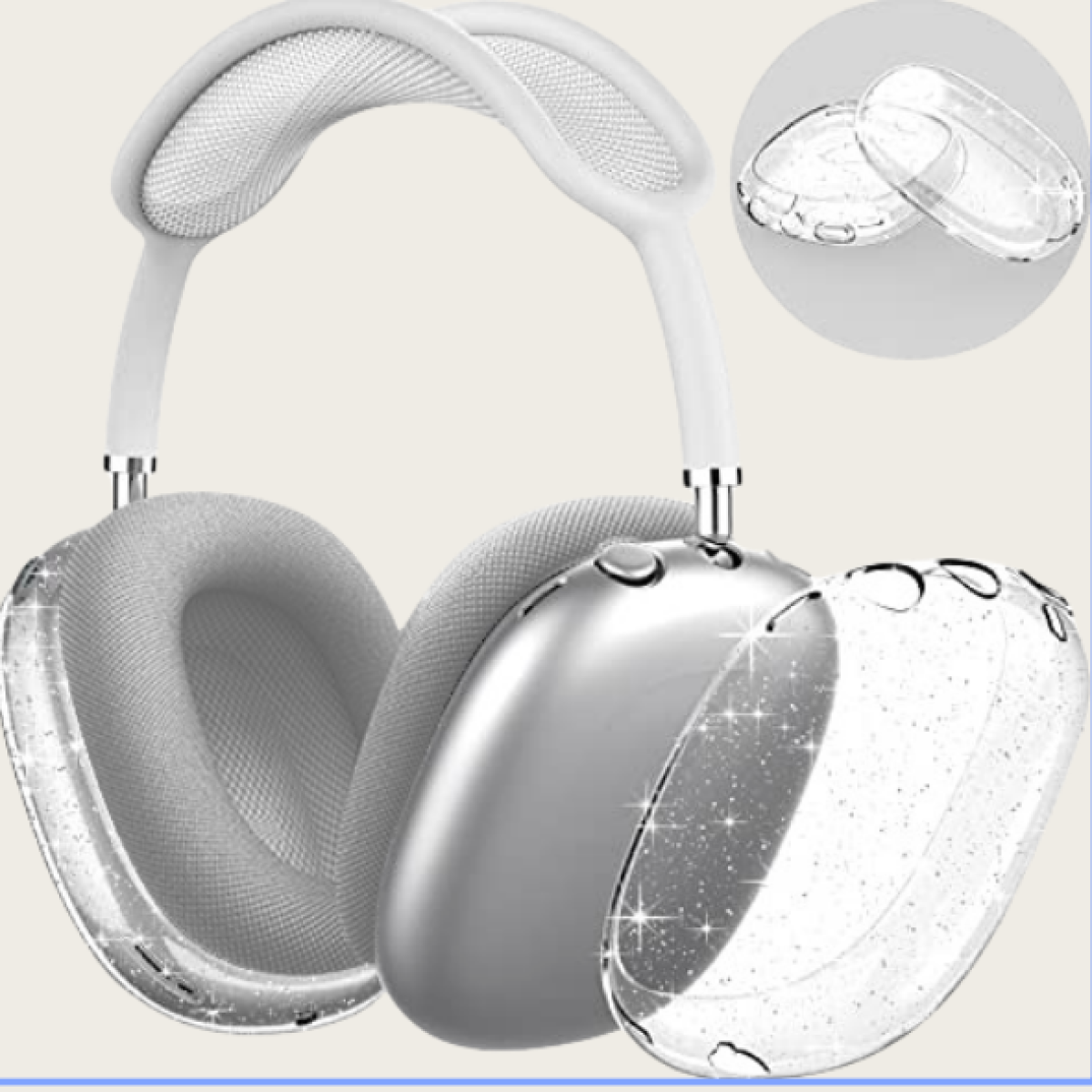 Cuffie bianche con custodia trasparente. Coperture trasparenti con glitter.