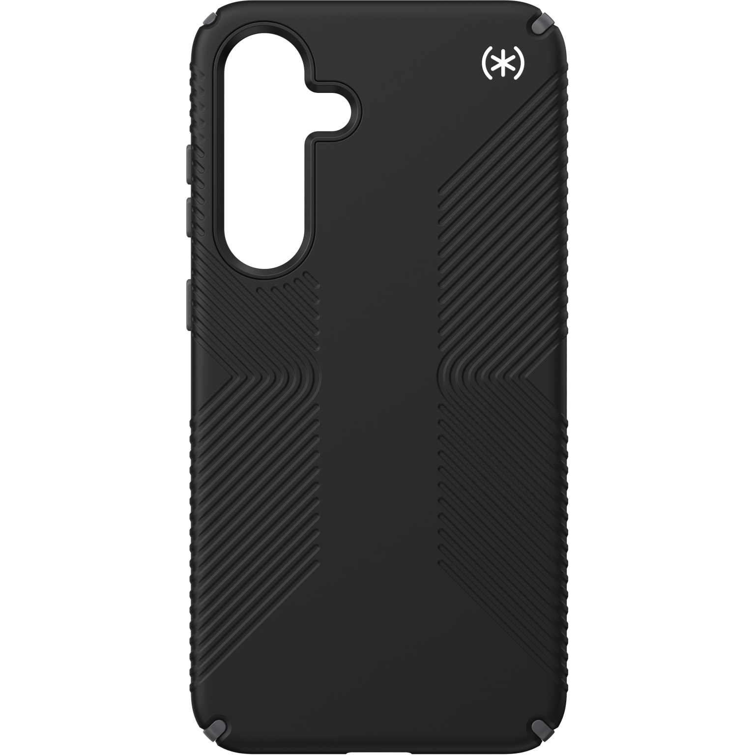 Black phone case with geometric texture, side buttons, and a logo.