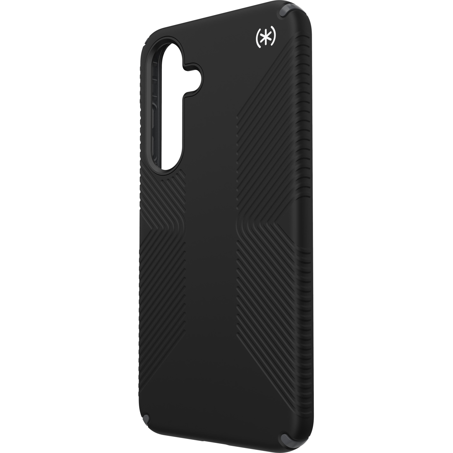 Black phone case with diagonal lines and speckled grey edges. Brand logo on top, cutouts for the camera.