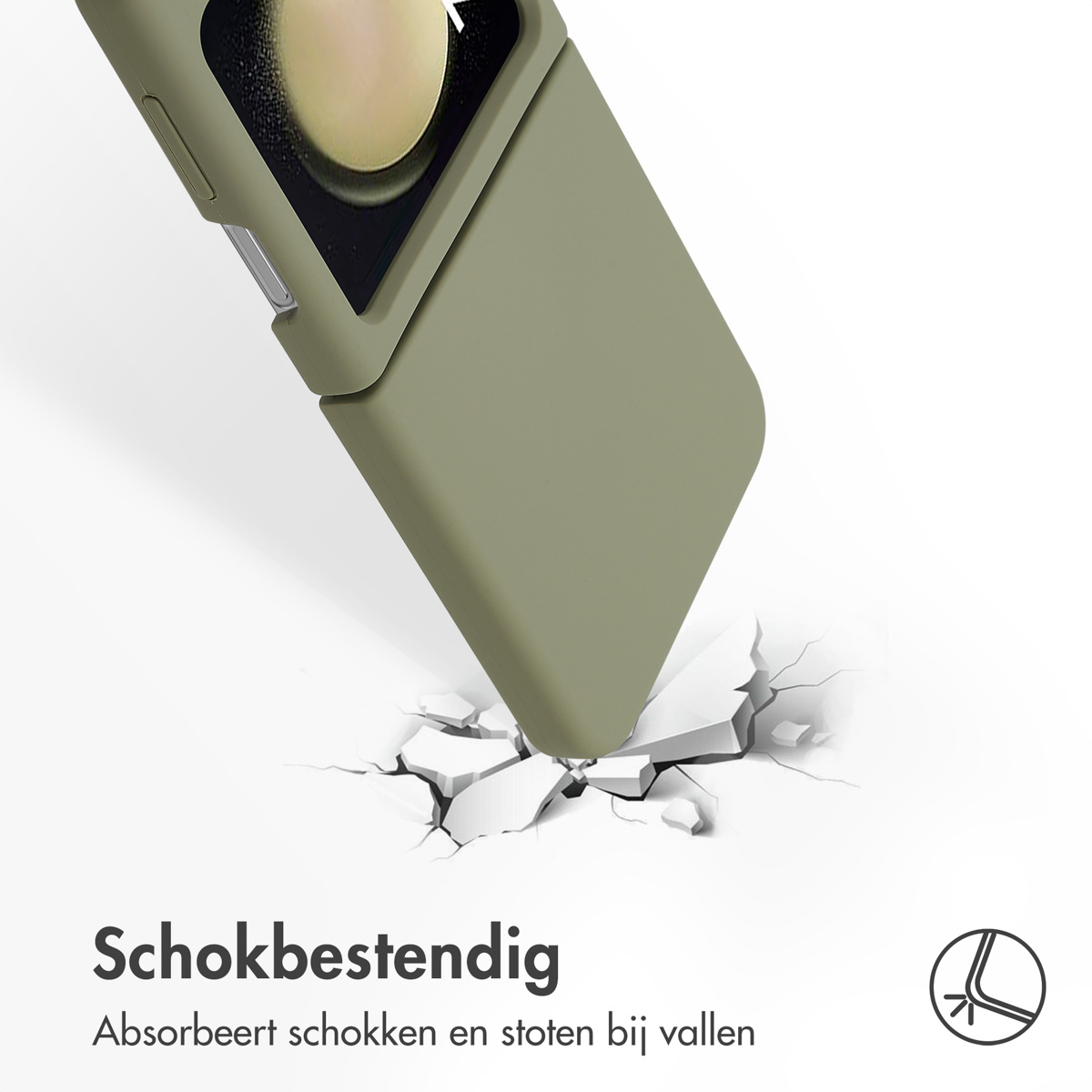 Grüne Handyhülle zerkleinert Oberfläche, wodurch sie zerbricht. Text: Stoßfest. Absorbiert Stöße.