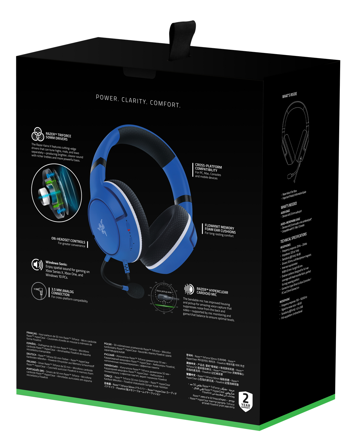 Schwarze Box mit blauen Razer-Kopfhörern und Text. Enthält Details zum Produkt.