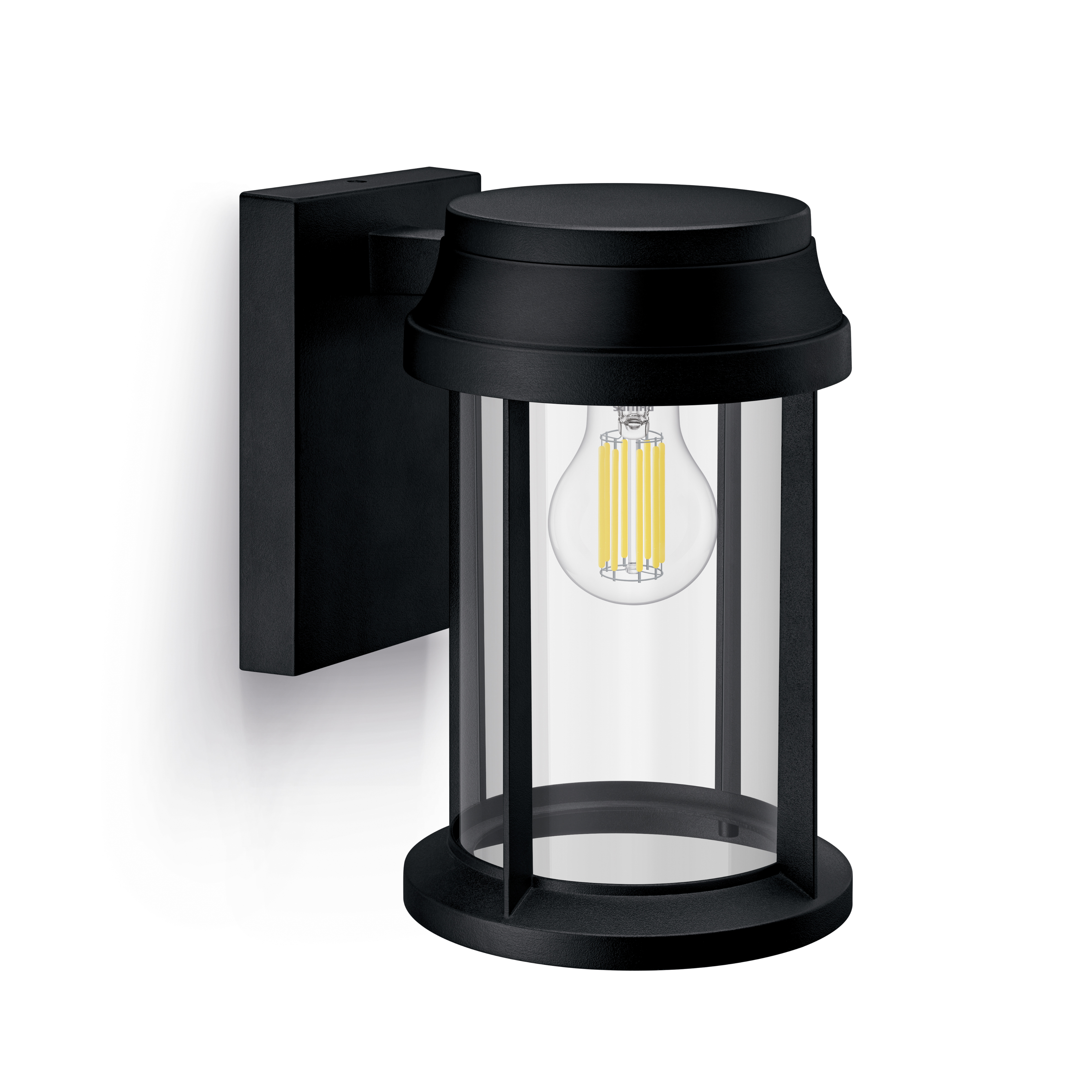 Black outdoor lamp on a white wall. The lamp has a clear glass, light bulb inside.
