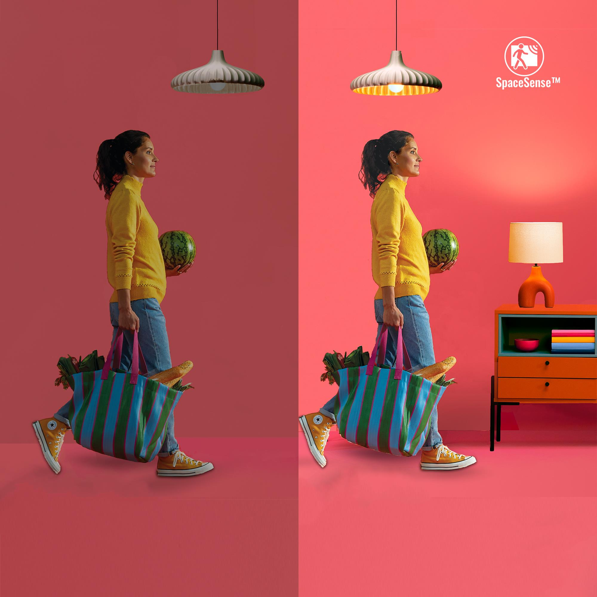 Woman walking with groceries, two different lighting styles, pink background.