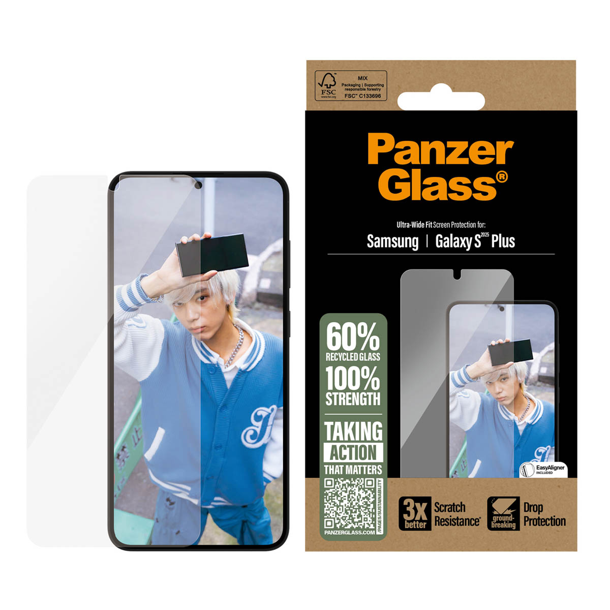 Scatola di protezione schermo del telefono e un telefono con una persona in giacca blu.