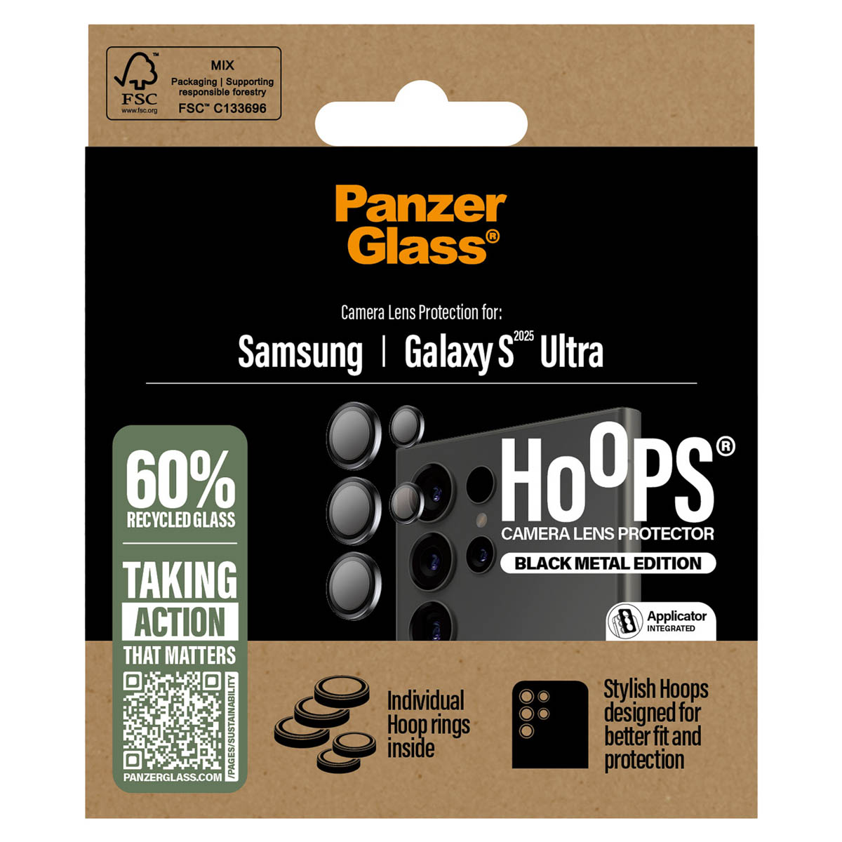 Scatola con protezione per obiettivo. Testo: PanzerGlass. 60% vetro riciclato. Custodia nera.