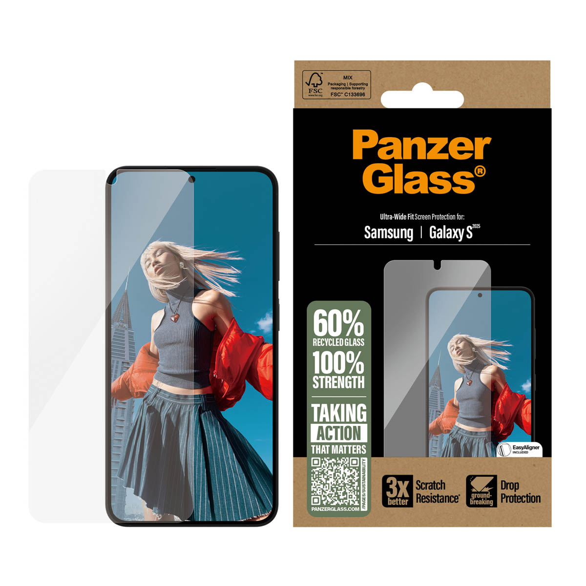 Ön yüzünde bir telefon ve bir kadın bulunan telefon ekran koruyucu ambalajı.