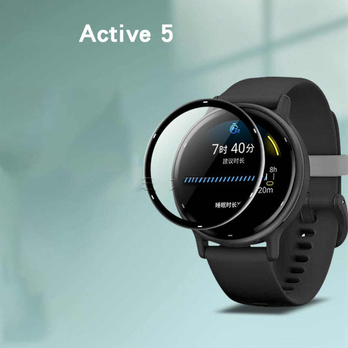 Czarny smartwatch z ochraniaczem ekranu. Tekst: Active 5. Wyświetla czas i czas trwania snu.