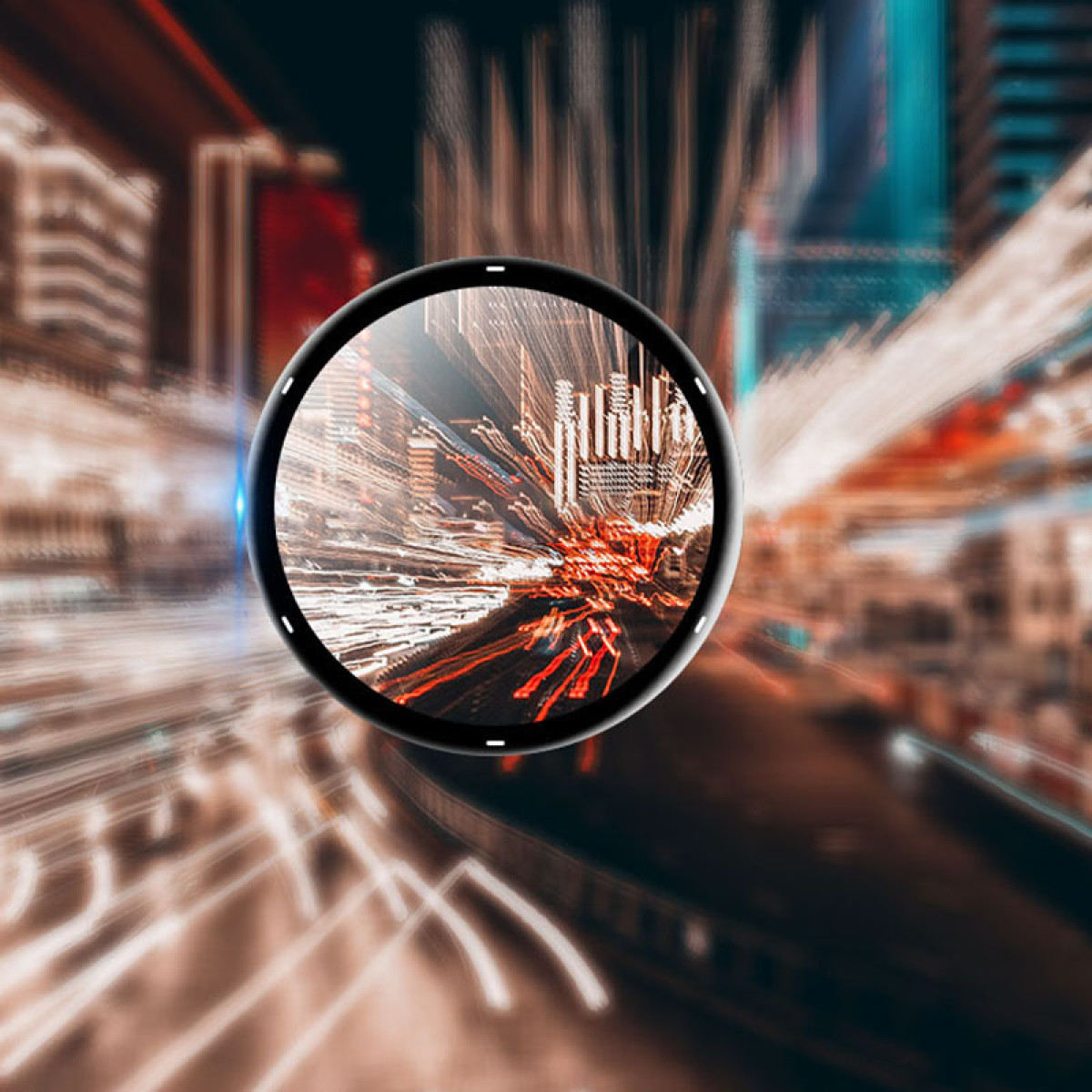 Okrągły, czarny smartwatch z tłem świateł miejskich. Wyświetla scenę miejską.