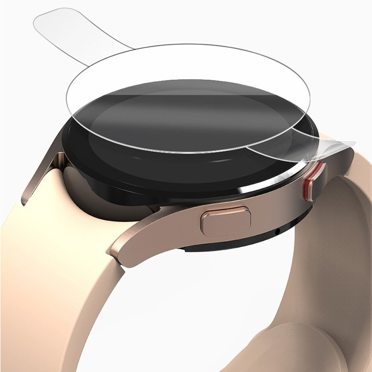 Smartwatch z nakładaną osłoną ekranu. Ochraniacz jest przezroczysty.